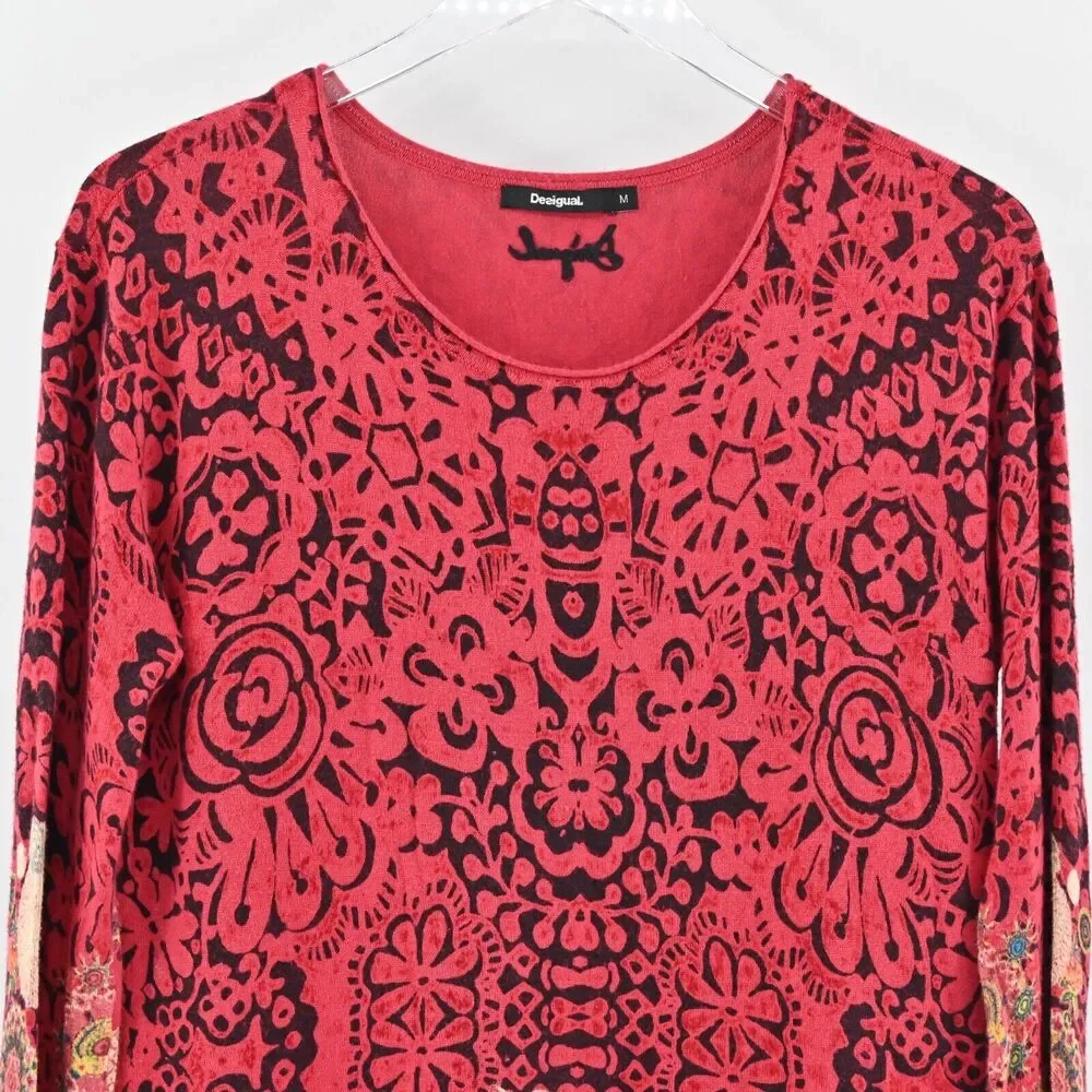 DESIGUAL Dress Womens Sz M Red Geometric Boho Lightweight Katy Tunic Long Sleeve